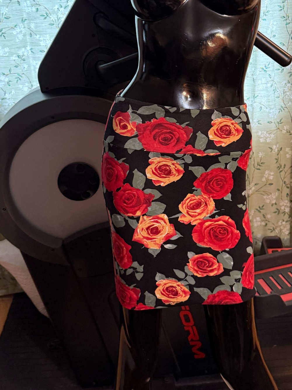 Forever 21 Black Mini Skirt with Red and Orange Rose Print